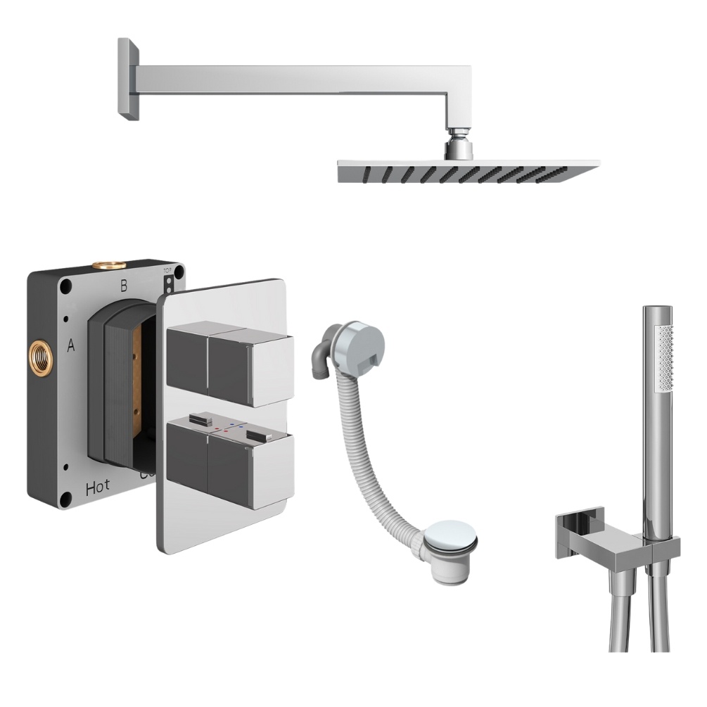 Product Cut out image of the Abacus Square Chrome 3 Outlet Shower Pack with Bath Filler & Handset